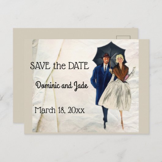Retro-Paar Save the Date mit Schirm Ankündigungspostkarte (Vorne/Hinten)