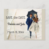 Retro-Paar Save the Date mit Schirm Ankündigungspostkarte (Vorderseite)