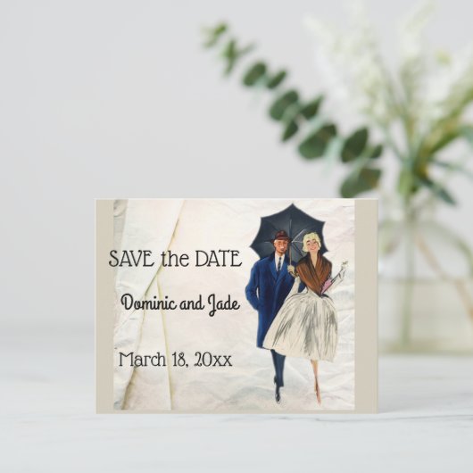 Retro-Paar Save the Date mit Schirm Ankündigungspostkarte (Stehend Vorderseite)