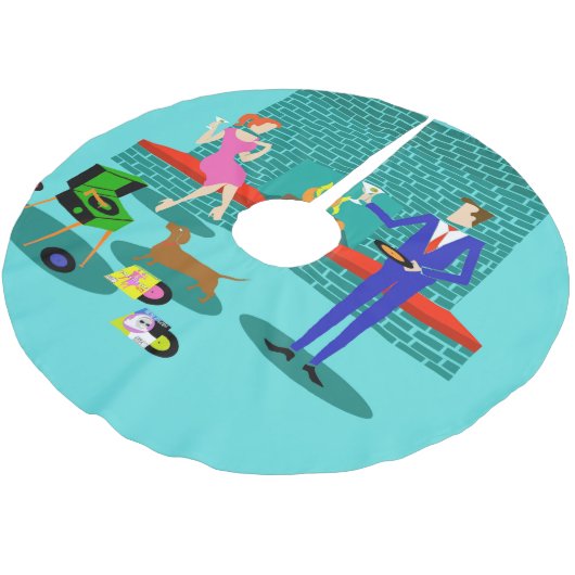 Retro Paare mit Hundeweihnachtsbaum-Rock Polyester Weihnachtsbaumdecke (Schrägansicht)