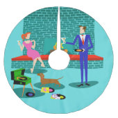 Retro Paare mit Hundeweihnachtsbaum-Rock Polyester Weihnachtsbaumdecke (Vorderseite)