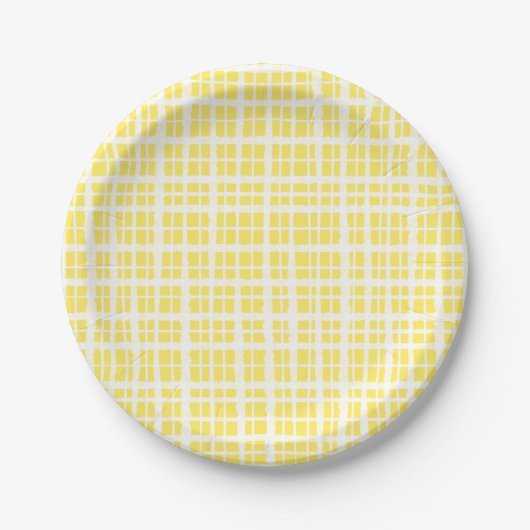 Retro Painted Gingham Kariertes Muster Hellgelb Pappteller (Vorderseite)