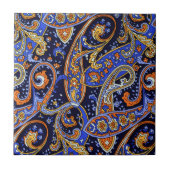 Retro Paisley Muster Blau Orange Farben Fliese (Vorderseite)