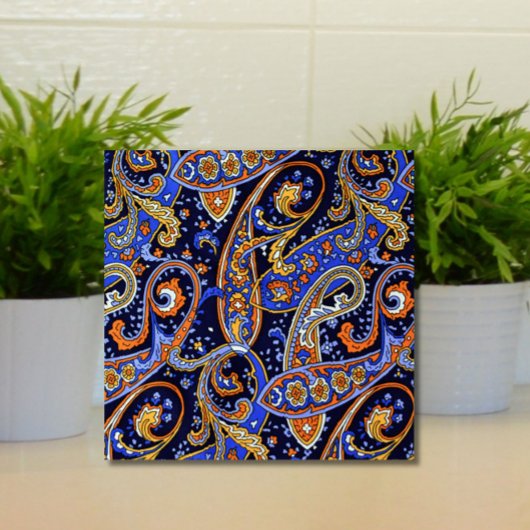 Retro Paisley Muster Blau Orange Farben Fliese