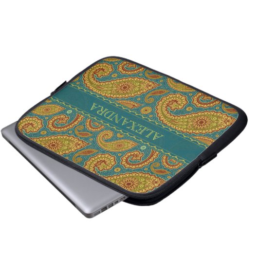 Retro Paisley Pattern Worm Tones Monogram Laptopschutzhülle (Vorne Knopf)
