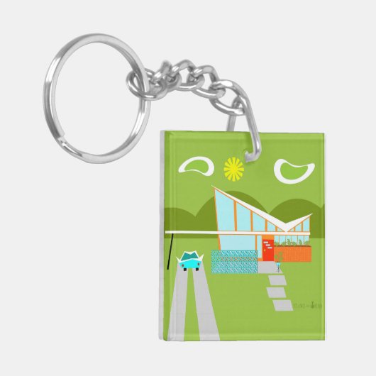 Retro Palm- Springhaus-Quadrat-Schlüsselanhänger Schlüsselanhänger (Vorderseite links)