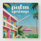 Retro Palm Springs Hotel Quadratische Wanduhr (Vorderseite)