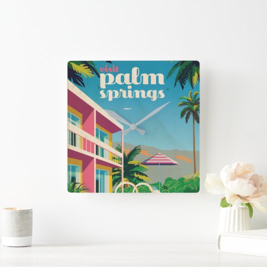 Retro Palm Springs Hotel Quadratische Wanduhr (Zuhause)