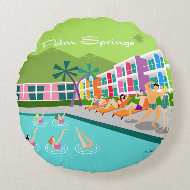 Retro Palm Springs Hotel Round Pillow Rundes Kissen (Vorderseite)