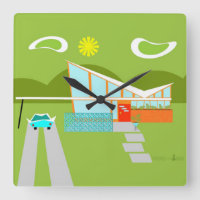 Retro Palm Springs House Square Wall Uhr