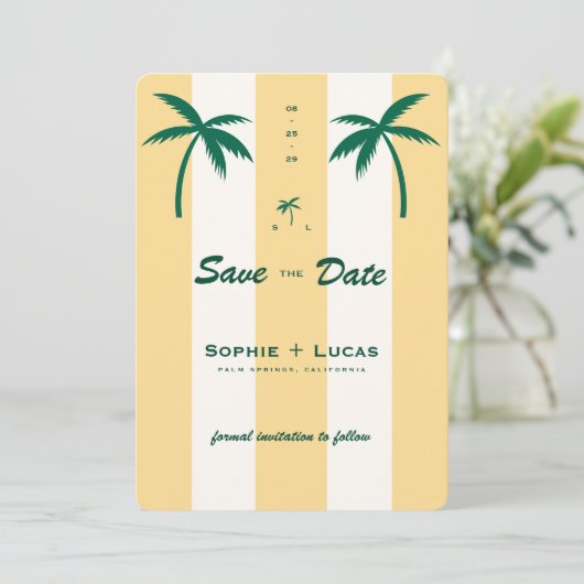 Retro Palm Tree Monogram Tropical Beach Wedding Save The Date (Stehend Vorderseite)