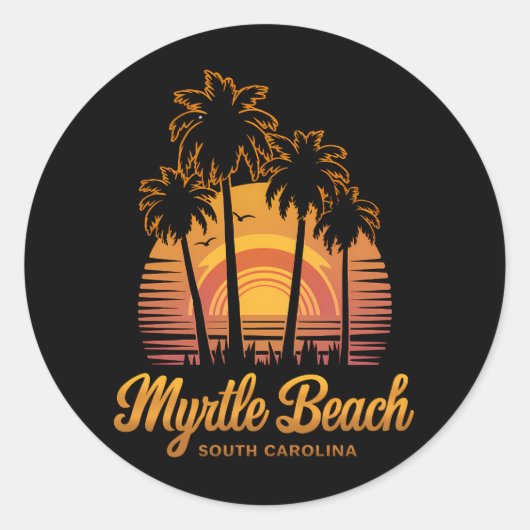 Retro Palm Tree Sunset South Carolina Myrtle Beach Runder Aufkleber (Vorderseite)