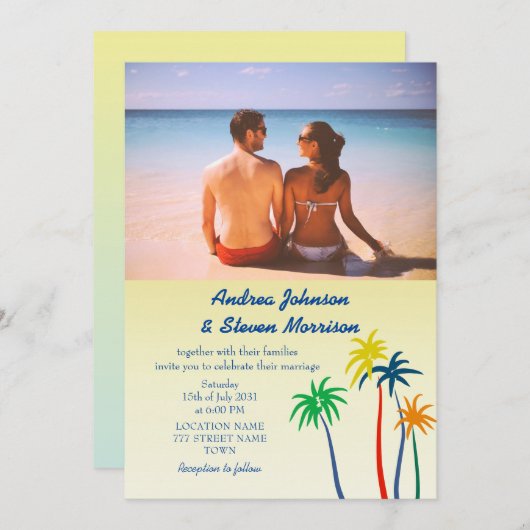 Retro Palm Tree Tropical Beach Hochzeit Einladung (Vorne/Hinten)