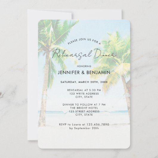 Retro Palm Tree Zielort Beach Probe Abendessen Einladung (Vorderseite)