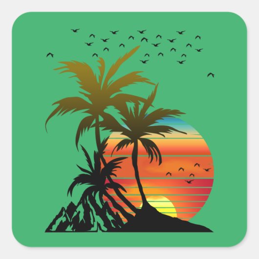 Retro Palm Trees Mountain Sunset Quadratischer Aufkleber (Vorderseite)
