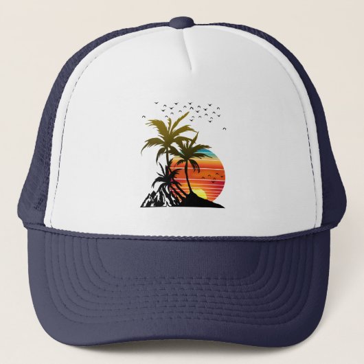 Retro Palm Trees Mountain Sunset Truckerkappe (Vorderseite)