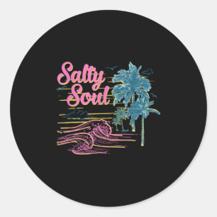 Retro-Palmbaum-Strand-Vibes Retro Salty Sommer S Runder Aufkleber