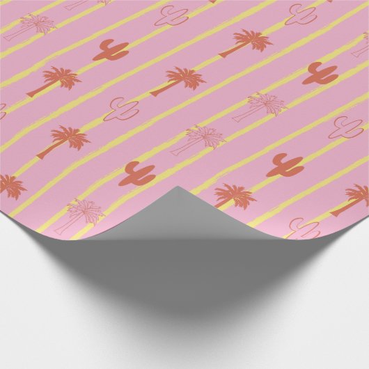 Retro Palmen und Kakteen in gelben Streifen Geschenkpapier (Ecke)