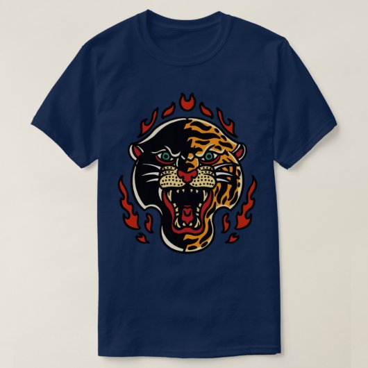 Retro Panther Tiger Head mit Flammen T-Shirt (Design vorne)