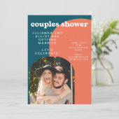 Retro Papaya und Peacock Blue Foto Couples Dusche Einladung (Stehend Vorderseite)