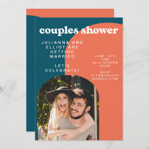 Retro Papaya und Peacock Blue Foto Couples Dusche Einladung