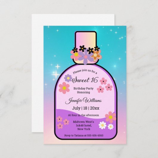 Retro-Parfüm süße 16 holografische Glitzern Einladung (Vorne/Hinten)