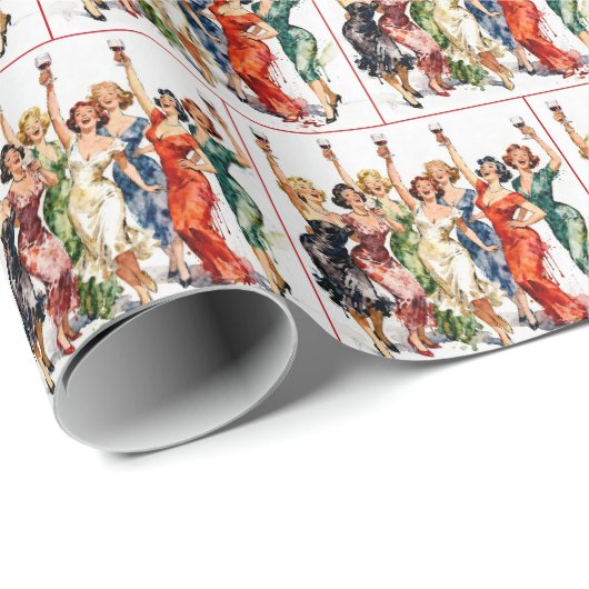 Retro-Party-Damen mit Rotwein Geschenkpapier (Rolleneckpunkt)