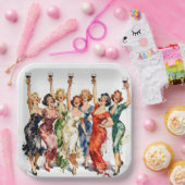 Retro-Party-Damen mit Rotwein Pappteller (Party)