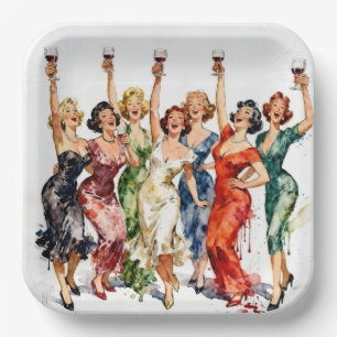 Retro-Party-Damen mit Rotwein Pappteller