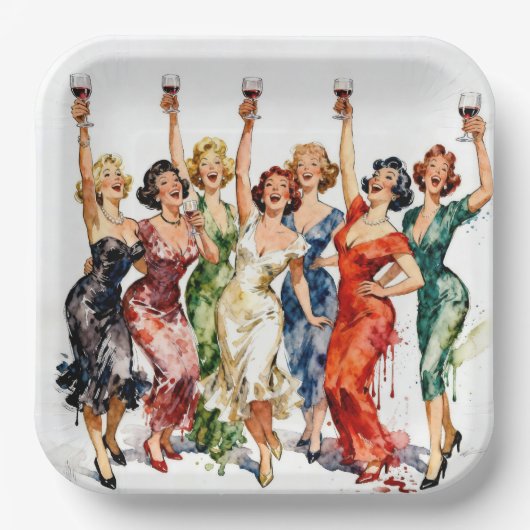 Retro-Party-Damen mit Rotwein Pappteller (Vorderseite)