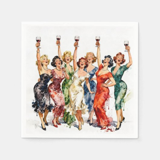 Retro-Party-Damen mit Rotwein Serviette (Vorderseite)