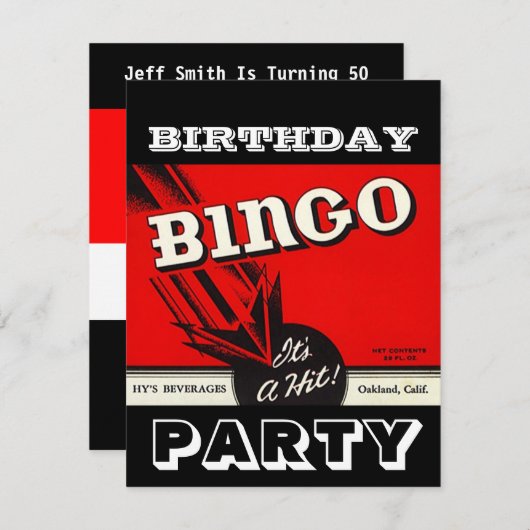 Retro Party Rotes Schwarz-weißes Bingo Einladungen (Vorne/Hinten)
