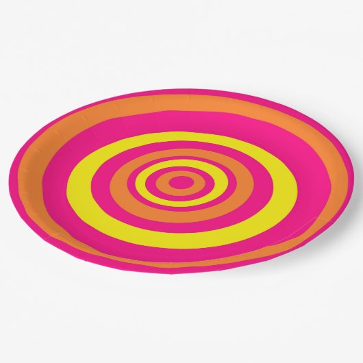 Retro-Party-Teller mit orangefarbenem, rosafarbene Pappteller (Schrägansicht)