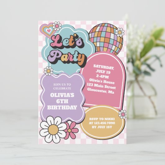 Retro Pastel Disco Ball and daisday Einladung (Stehend Vorderseite)
