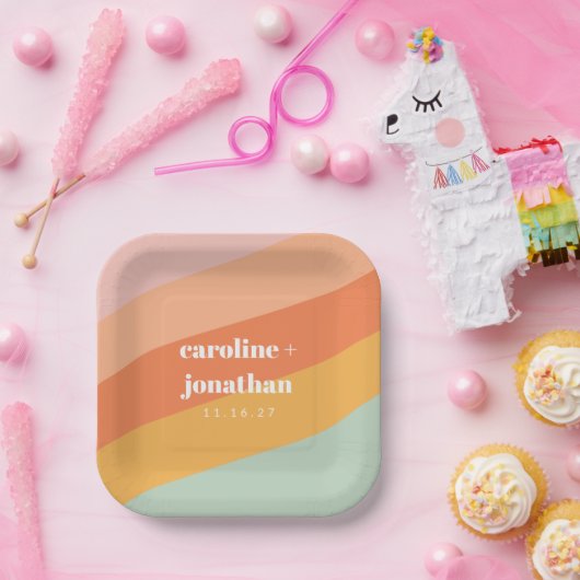 Retro Pastel Geometric Custom Wedding Mint Peach Pappteller (Party)