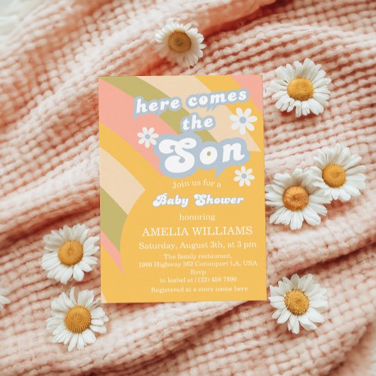 Retro Pastel Groovy hier kommt die Son Baby Dusche Einladung