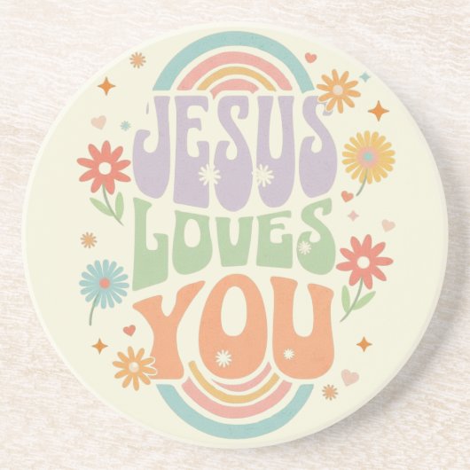 Retro Pastel “Jesus Loves You” Christian Design – Getränkeuntersetzer (Vorne)