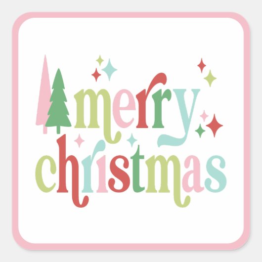 Retro Pastel Merry Christmas Quadratischer Aufkleber (Vorderseite)