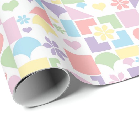 Retro Pastel Patchwork with 70s Shapes, Flowers  Geschenkpapier (Rolleneckpunkt)
