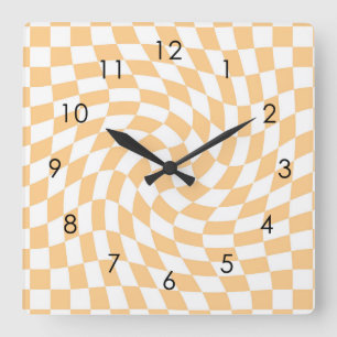 Retro Pastel Peach Checks Warped Checkered Dorm Quadratische Wanduhr
