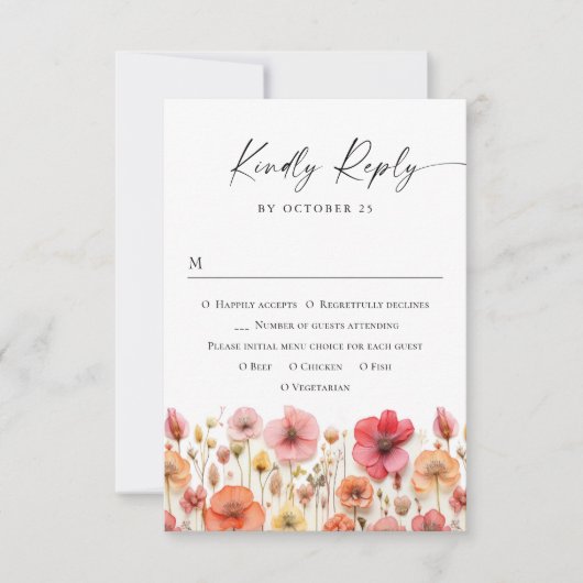 Retro Pastel Pink Boho Wild Blume Hochzeit RSVP Karte (Vorderseite)