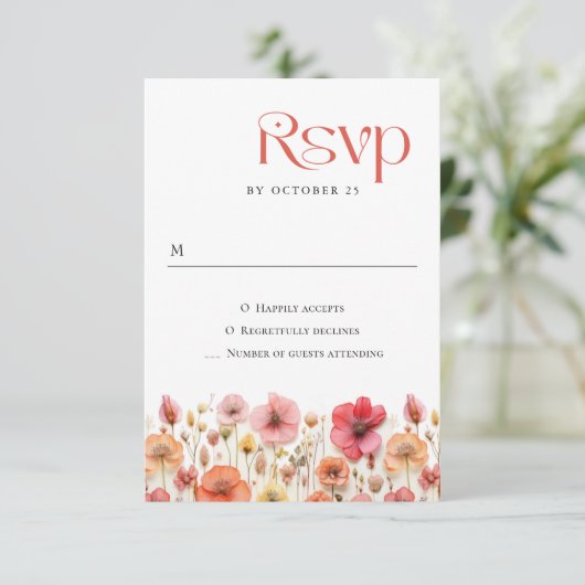 Retro Pastel Pink Boho Wild Blume Hochzeit RSVP Karte (Stehend Vorderseite)