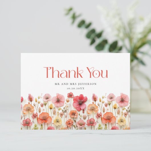 Retro Pastel Pink Boho Wildblume Danke (Stehend Vorderseite)