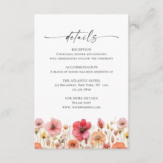 Retro Pastel Pink Boho Wildblume Hochzeit Details Begleitkarte (Vorderseite)