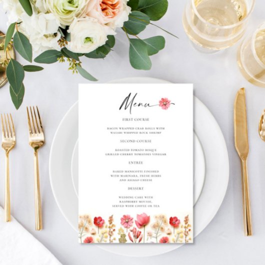 Retro Pastel Pink Boho Wildblume Hochzeit Details Menükarte