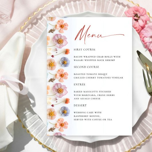 Retro Pastel Pink Boho Wildblume Hochzeit Details Menükarte