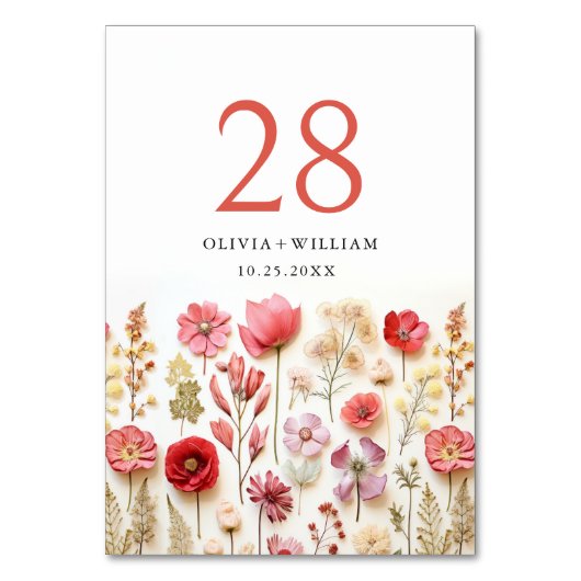 Retro Pastel Pink Boho Wildblume Hochzeit Details Tischnummer (Vorderseite)