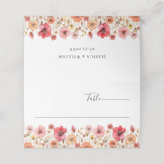 Retro Pastel Pink Boho Wildblume Wedding Platzkarte (Außenseite Aufgefaltet)