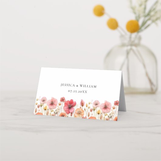 Retro Pastel Pink Boho Wildblume Wedding Platzkarte (Rückseite)