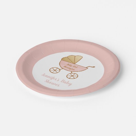 Retro Pastel Pink Carriage Baby Girl Dusche Pappteller (Schrägansicht)